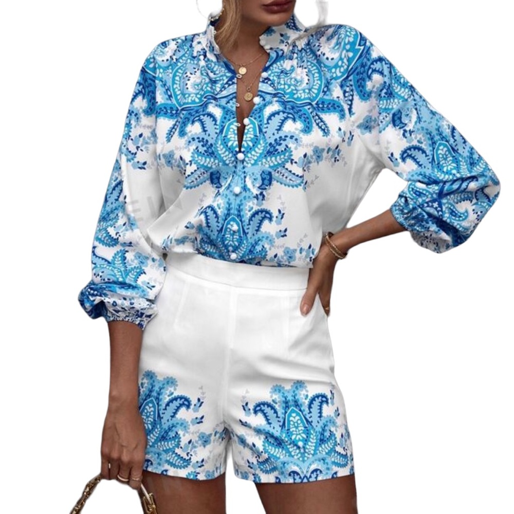 Paisley print buttoned shirt and shorts set